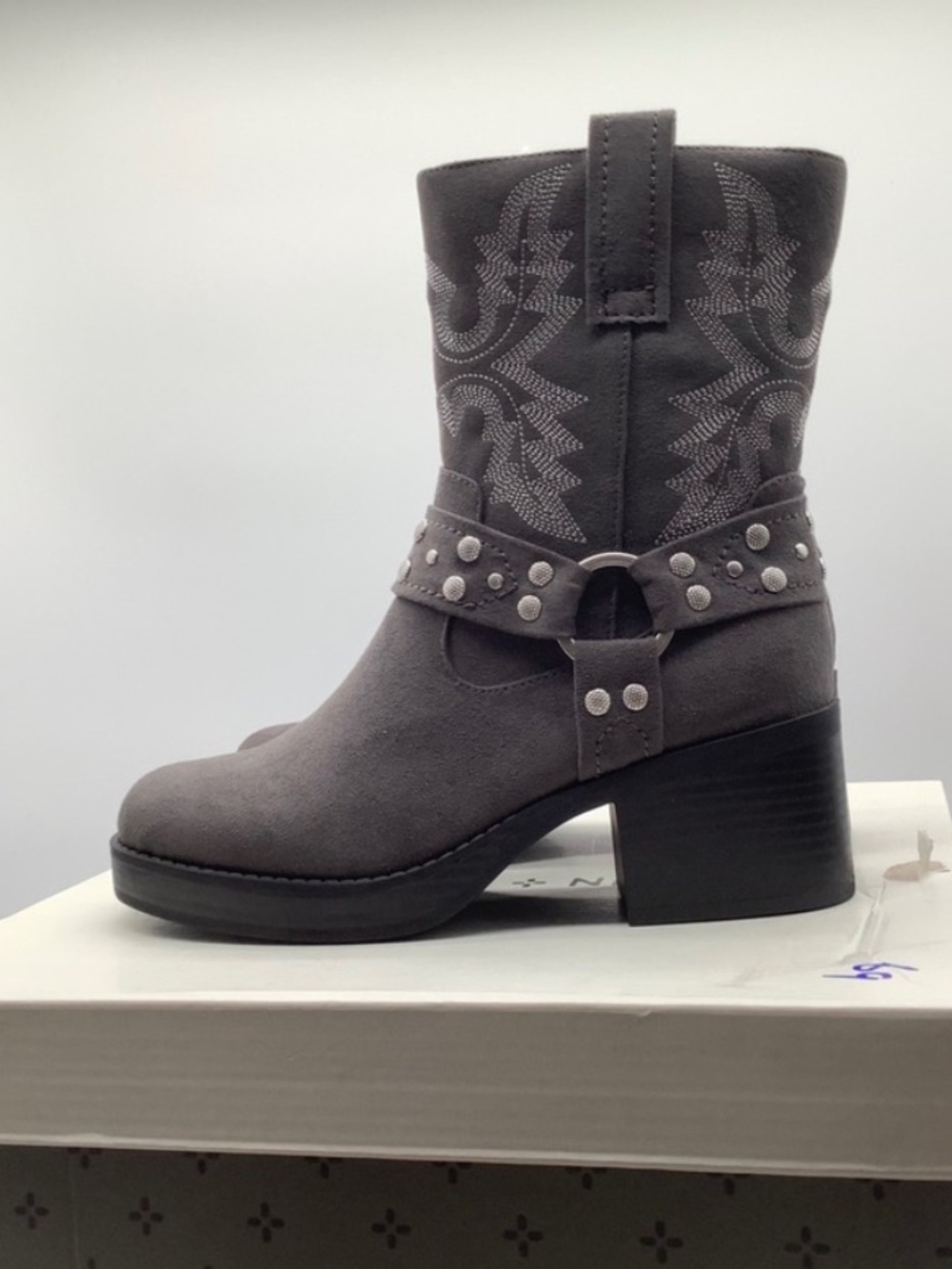 Sun + Stone Norahhf Charcoal Grey Studded Western Harness Boots Womens 5 M